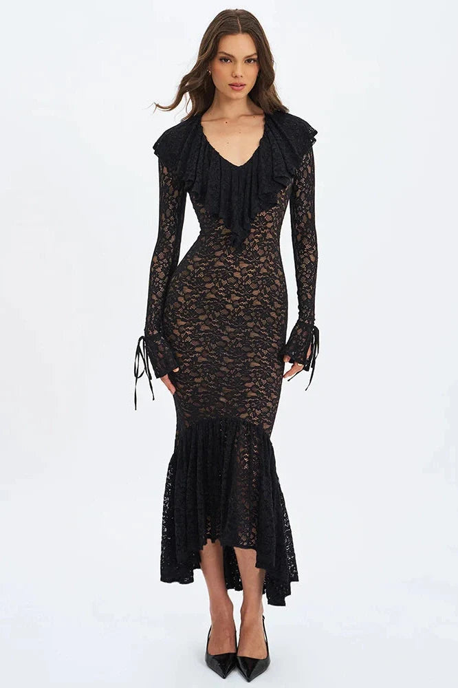 Lace V Neck Long Flare Sleeve High Waist Maxi Dress