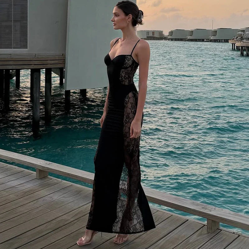 Lace Spaghetti Strap Slim Sleeveless Maxi Dress
