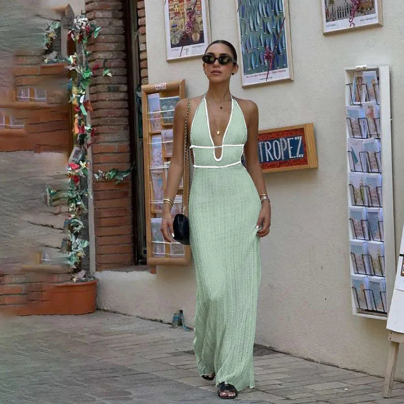 Backless Lace-Up V-Neck Sleeveless Maxi Dress