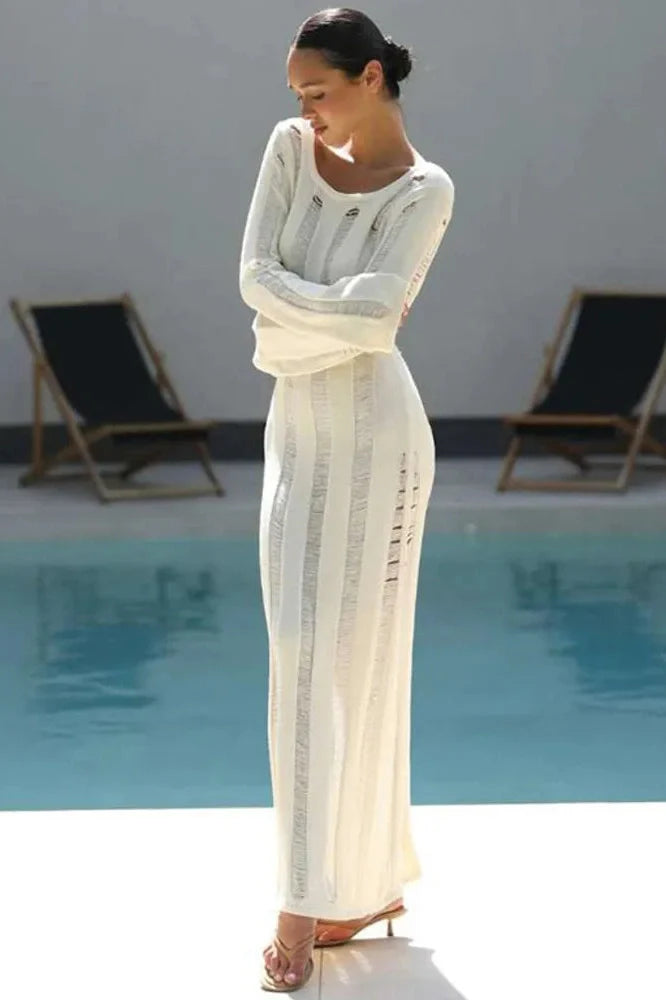 Hollow Out Backless Long Sleeve Knit Bodycon Maxi Dress