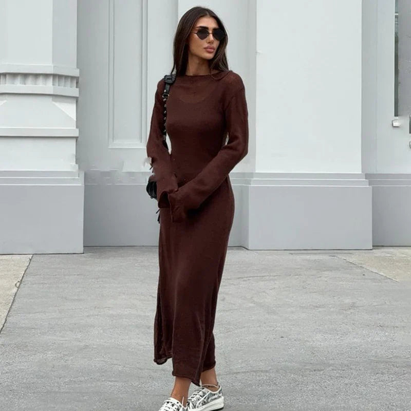 See Through Loose Long Sleeve Knitted Maxi Dress