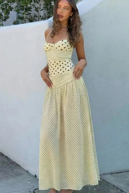 Elegant Polka Dots Sleeveless Slim Maxi Dress