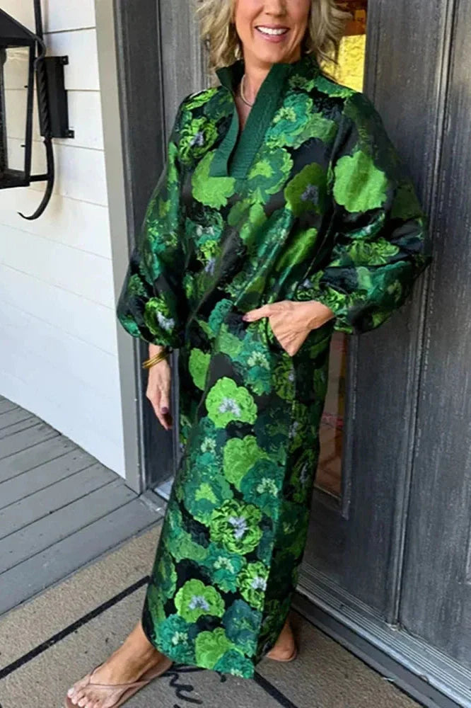 Elegant Pocket Floral Printed Long Sleeve Loose Maxi Dress