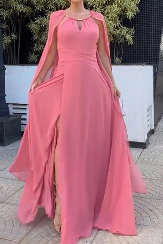 Elegant Hollow Out Shawl Sleeve Pleated High Waist Maxi Dress