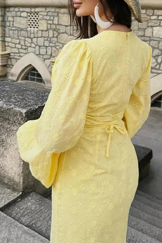 Elegant Hollow Out V-Neck High Waist Lantern Sleeve Maxi Dress
