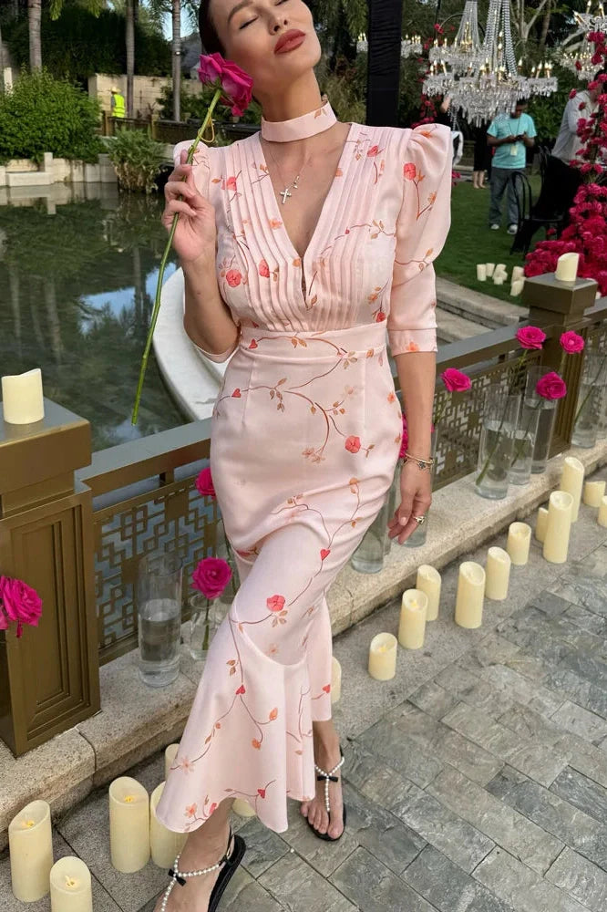 Printed V-Neck High Waist Slim Lace-Up Maxi Dress