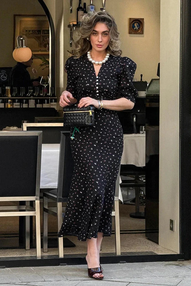 Elegant Printed Puff Sleeve V-Neck High Waist Maxi Dress
