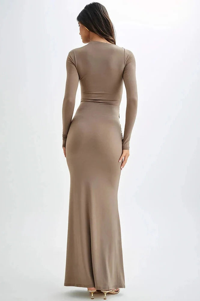 Diagonal Collar Long Sleeve High Waist Bodycon Maxi Dress