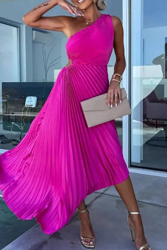 Hollow Out One Shoulder Slim Fit Pleated Maxi Dress