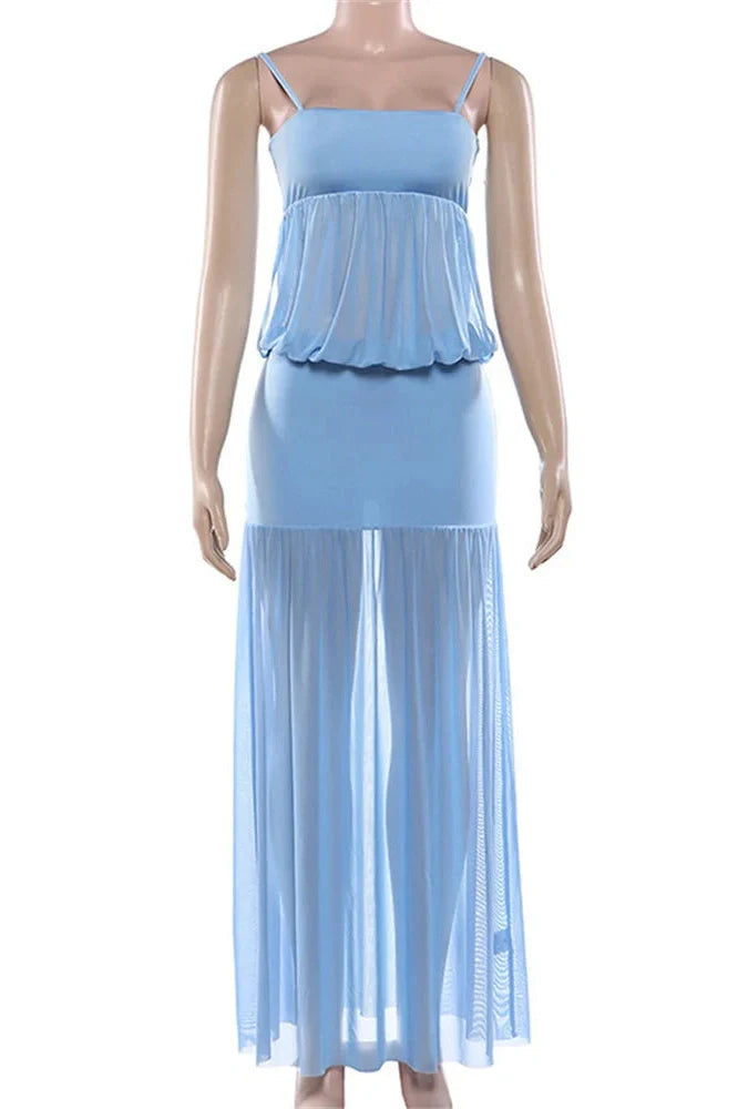 See-Through Patchwork Spaghetti Straps Maxi Dress