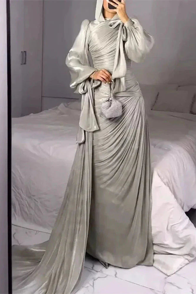 Elegant Long Sleeve High Waist Pleated Slim Maxi Dress