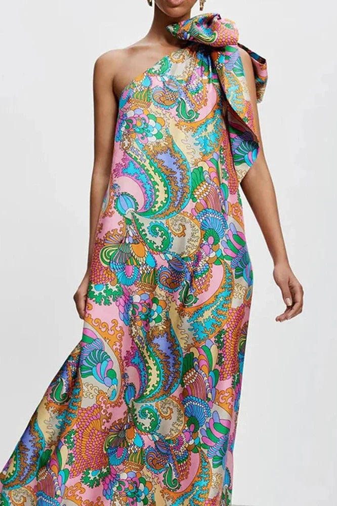 Elegant Printed Off Shoulder Pleated Maxi Dress
