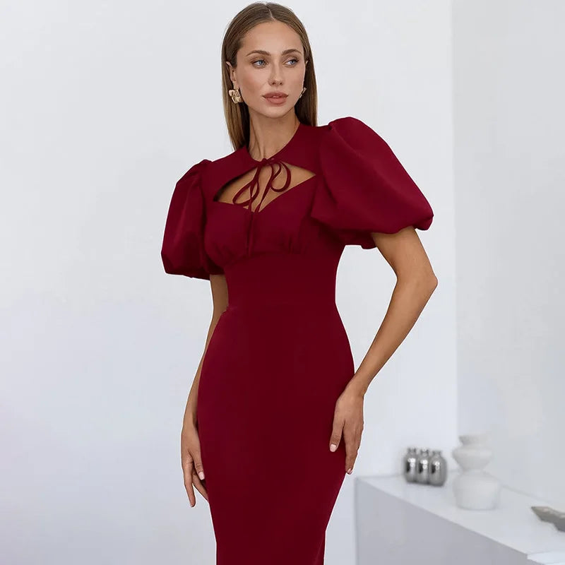 Elegant Hollow Out Lace-Up Patchwork Maxi Dress