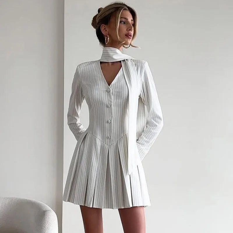 V Neck Button Scarf Ribbon Long Sleeve Mini Dress