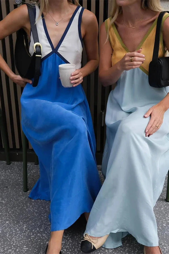 Patchwork V-Neck Strapless Sleeveless Slim Maxi Dress