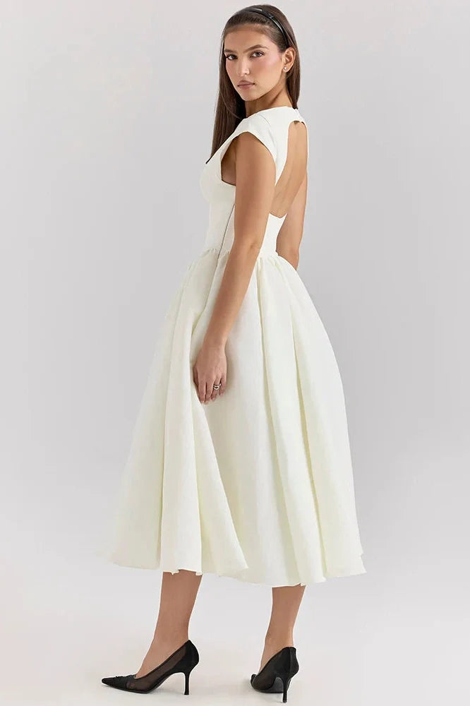 Hollow Out Backless Sleeveless High Waist Pleated A-line Midi Dress