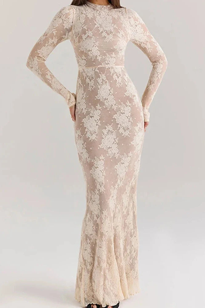 Hollow Out O-Neck Pleated Printed Lace Long Sleeve Slim Maxi Dress