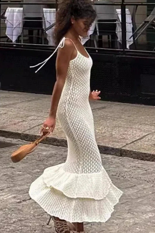 Hollow-Out Knitted Sleeveless Slim Maxi Dress