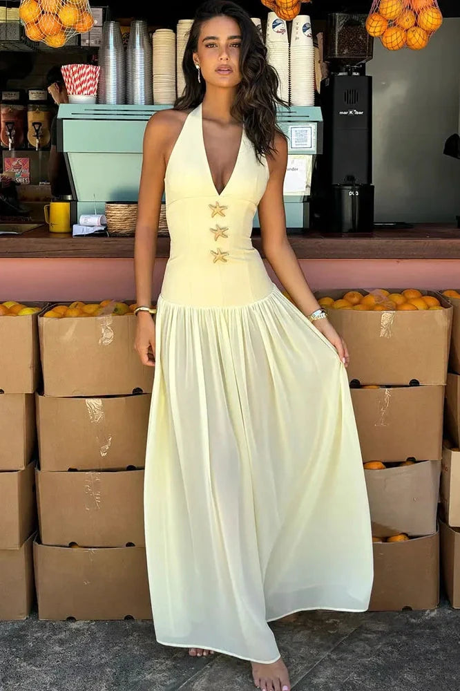 Backless Deep V Neck Sleeveless Maxi Dress