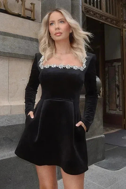 Elegant Square Neck Velvet Slim A-Line Long Sleeve Mini Dress