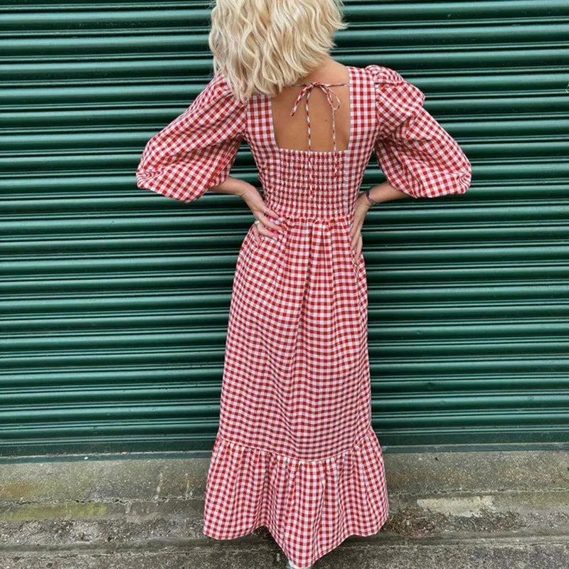 Square Neck Lace-Up Half Sleeve High Waist Patchwork Maxi Dress