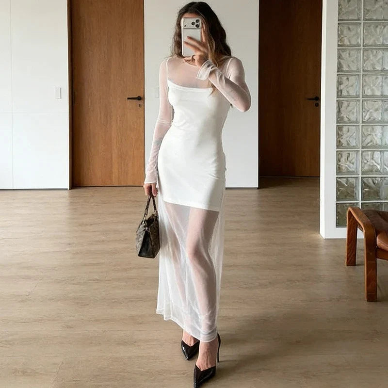 Elegant See Through Patchwork High Waist Maxi Dress