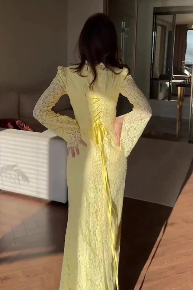 Elegant Slim High Waist Lace Embroidery Maxi Dress