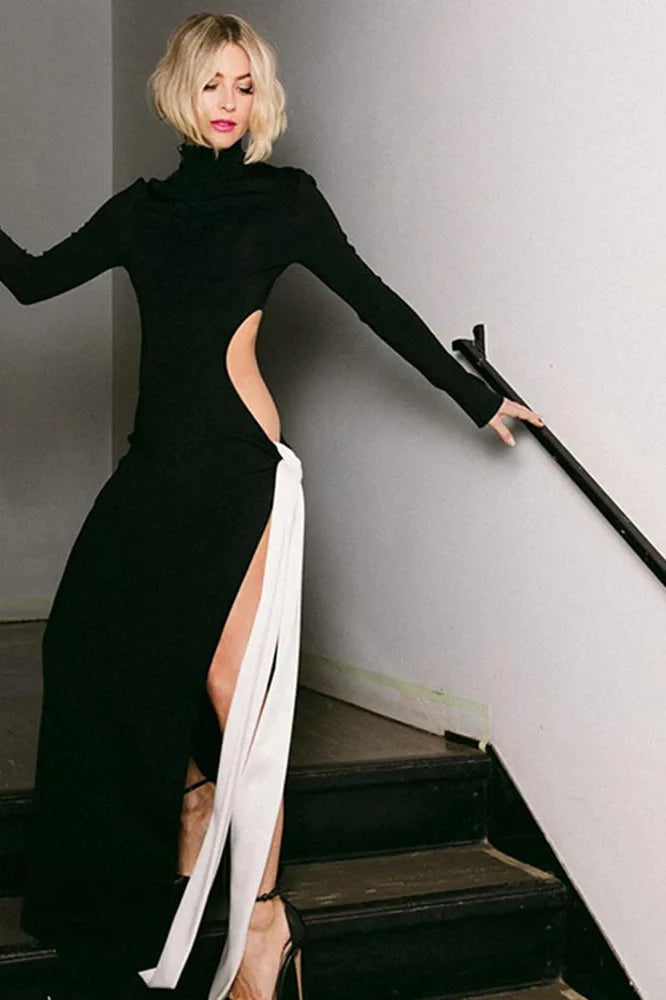 Elegant Hollow Out Turtleneck Long Sleeve Maxi Dress