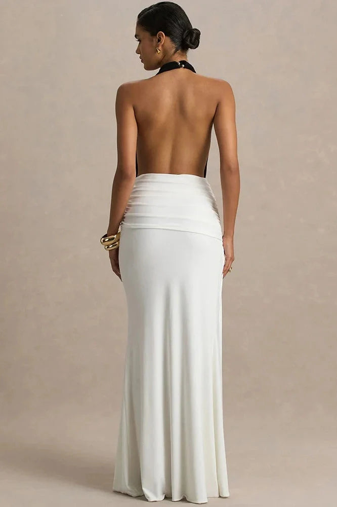 Backless Patchwork Deep V Neck Sleeveless High Waist Split Maxi Dress