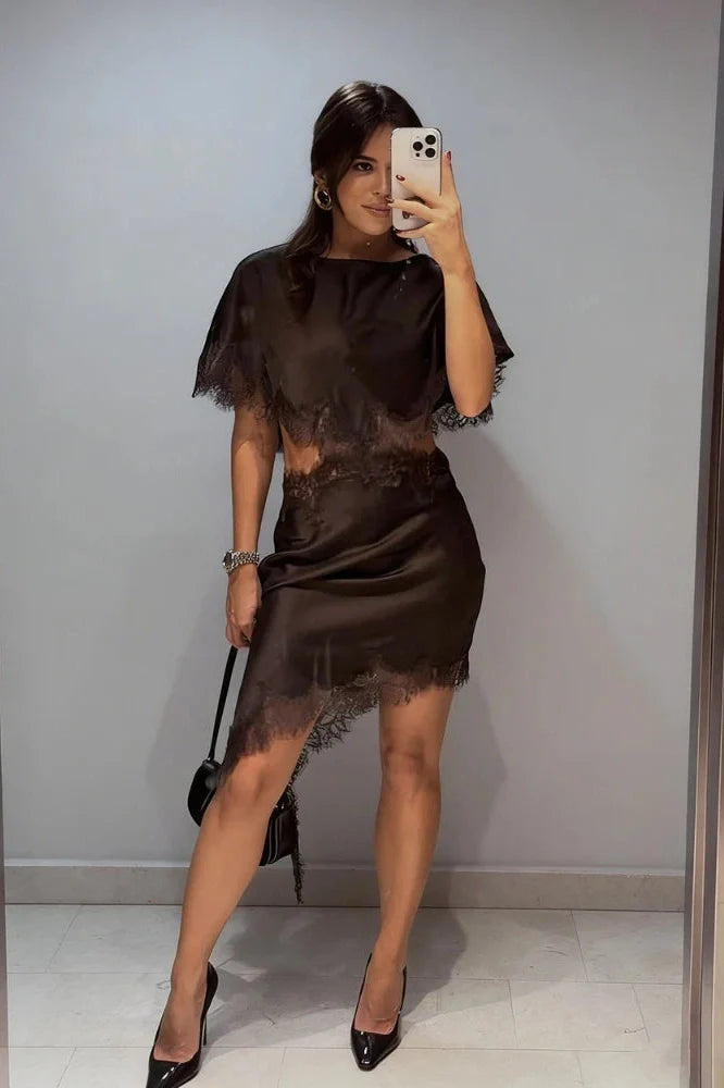 Hollow Out Lace Patchwork Short Sleeve Printed Mini Dress