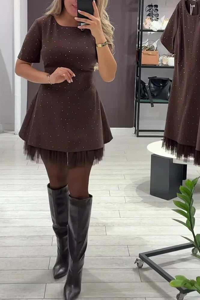 Elegant O-Neck High Waist A-Line Short Sleeve Pleat Mini Dress