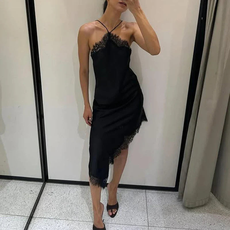 Lace Backless Spaghetti Strap Irregular Midi Dress