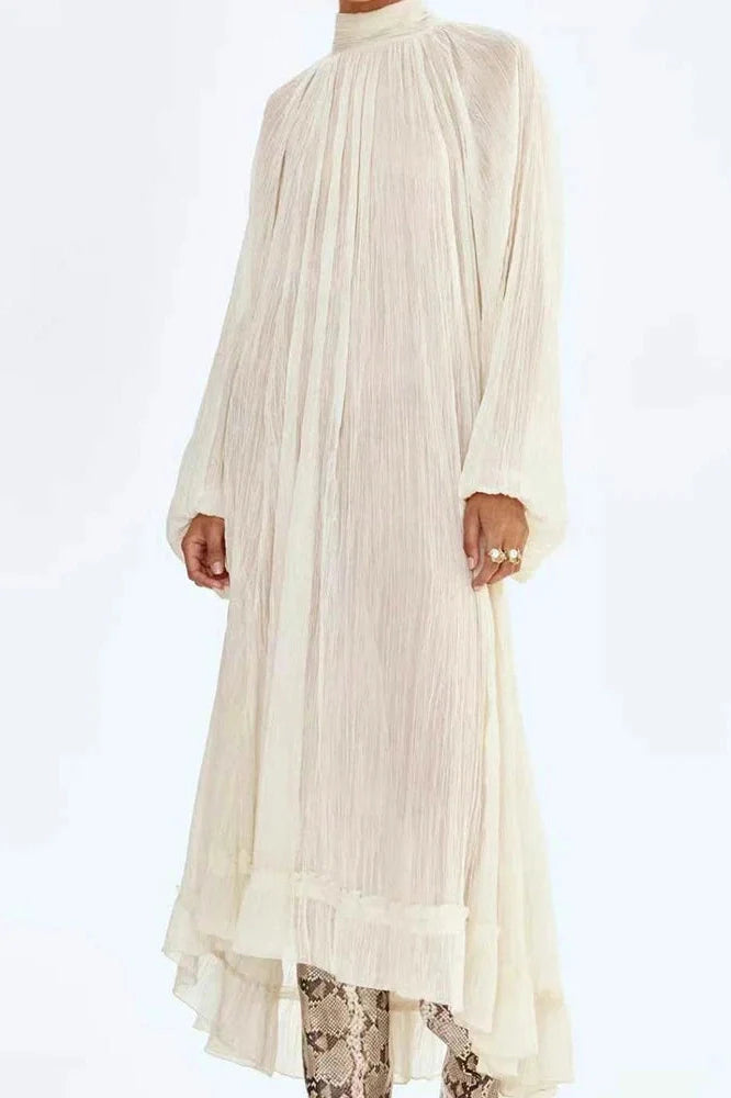 Elegant Pleated O-Neck Long Sleeve Loose Maxi Dress