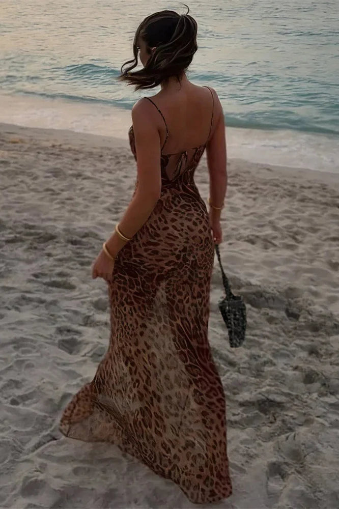 Printed Lace-Up Backless Slim Maxi Dress
