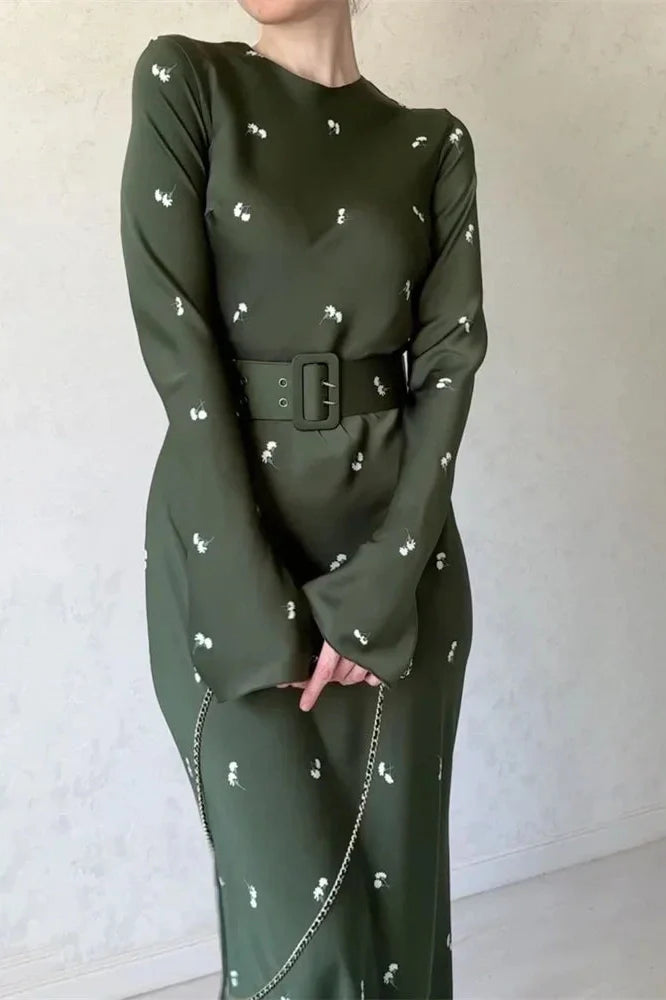 Long Sleeve Slim Patchwork Printed High Waist Maxi Dress