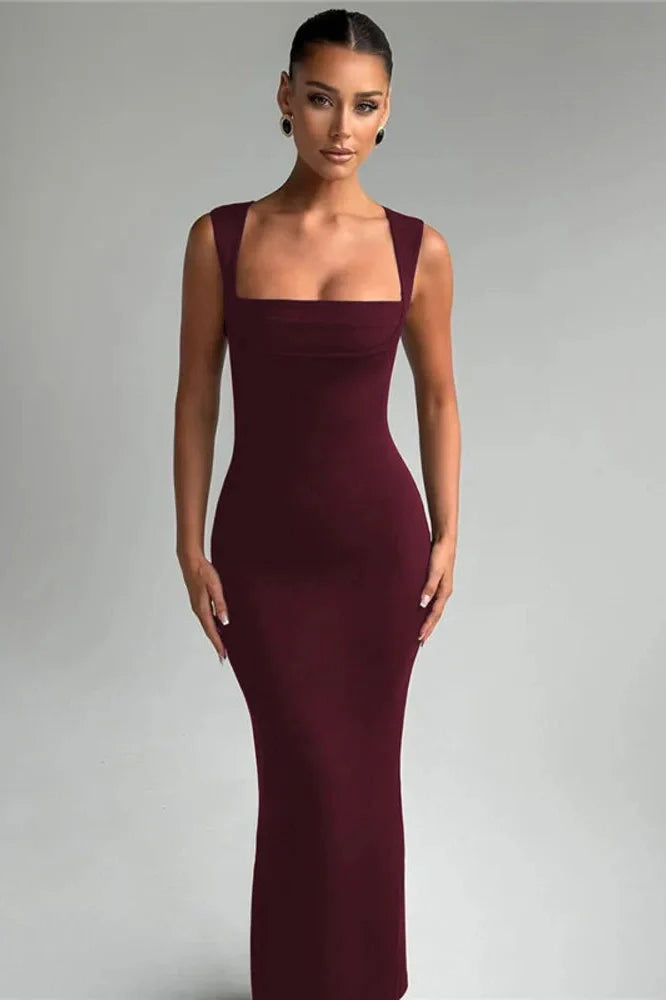 Square Collar Sleeveless High Waist Bodycon Maxi Dress