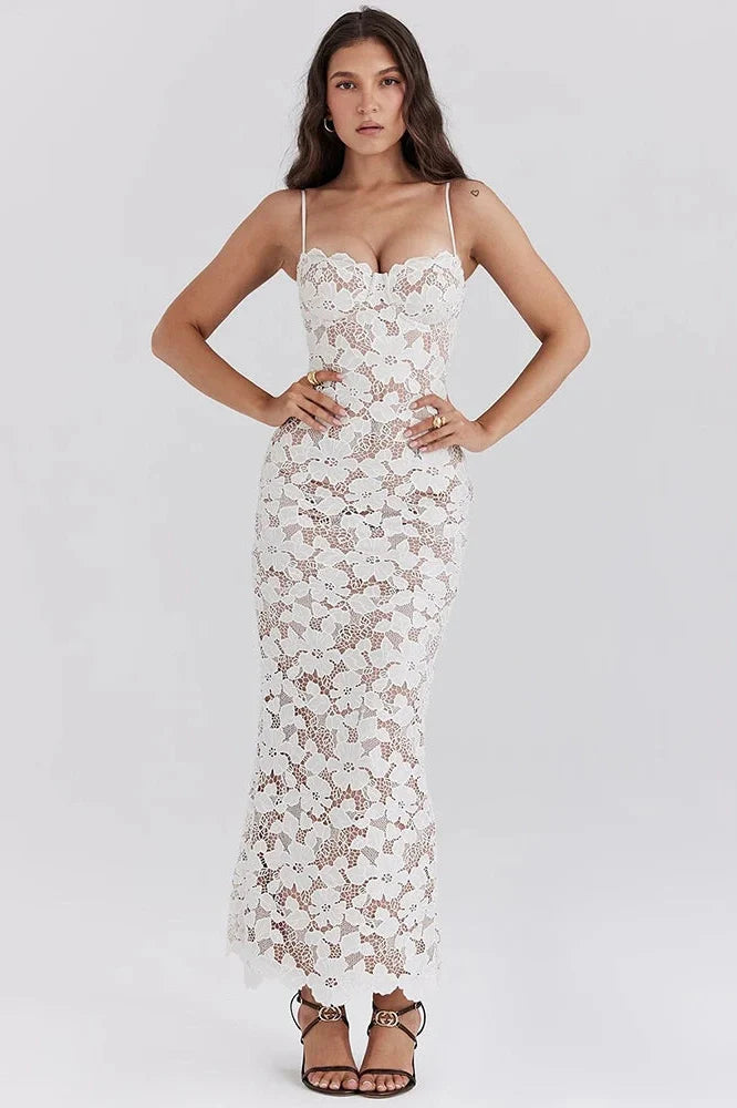 Floral Embroidery Spaghetti Strap Sleeveless Maxi Dress