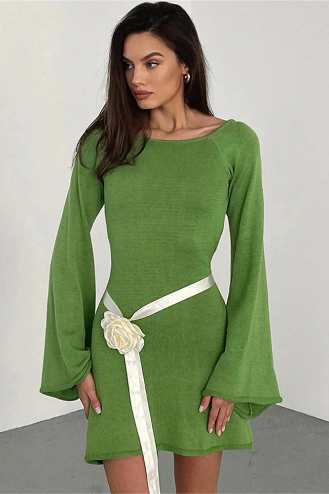 Backless Lace-Up Long Sleeve High Waist Mini Dress