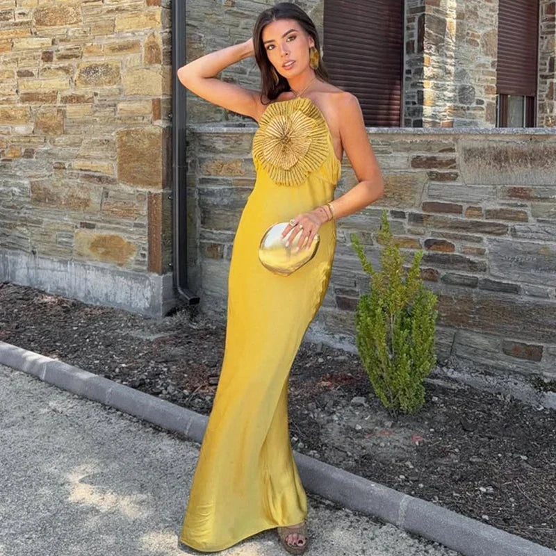 V Neck Diamond Flower Backless Maxi Dress
