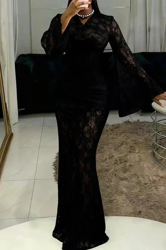 Hollow Out Lace Flare Sleeve High Waist Slim Maxi Dress