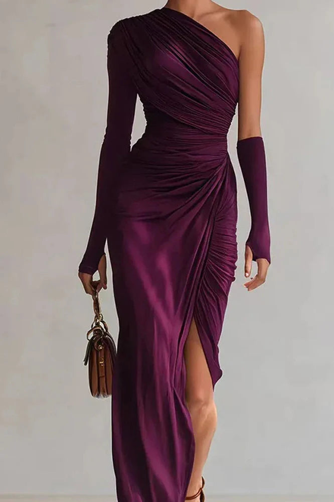 Elegant One-Shoulder High Waist Pleated Slim Slash Collar Maxi Dress