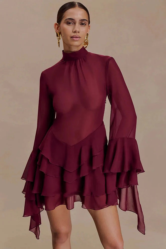 See Through Turtleneck Long Sleeve Mini Dress