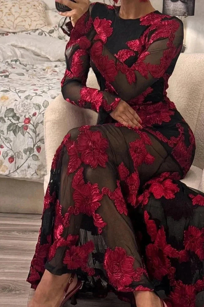 Lace Embroidery Floral Fit See-Through Backless High Waist Maxi Dress