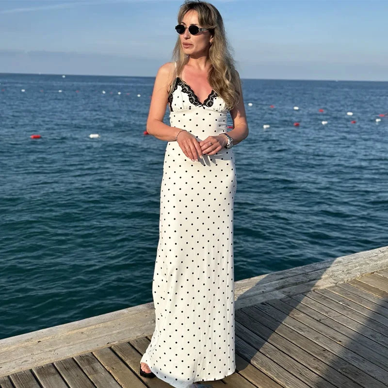 Elegant Lace Polka Dot Patchwork Backless Maxi Dress