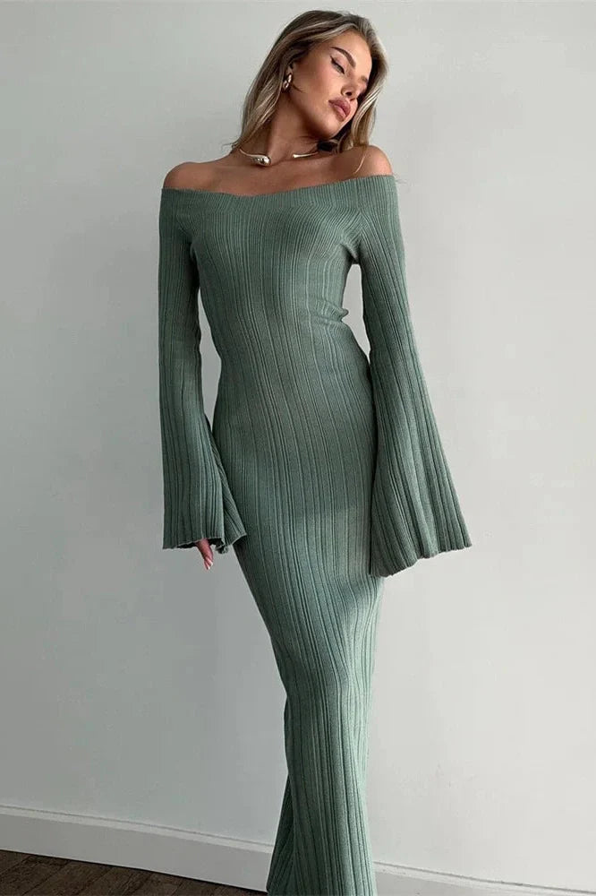 Off-Shoulder High Waist Slim Long Sleeve Maxi Dress
