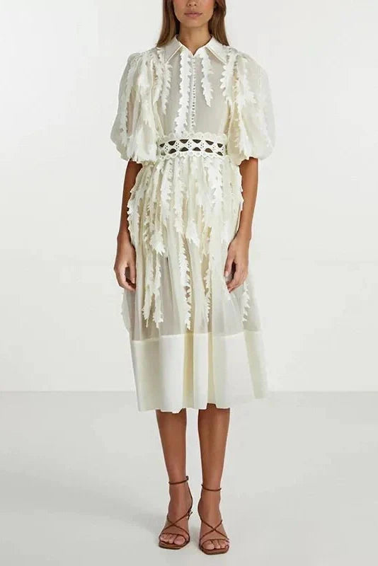 Elegant Loose Puff Sleeve High Waist Midi Dress