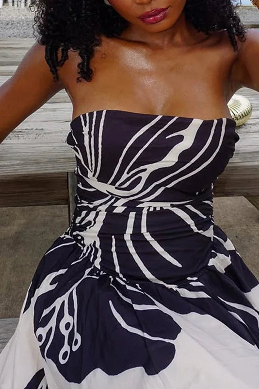 Off Shoulder Sleeveless High Waist Printed Pleated Maxi Dress