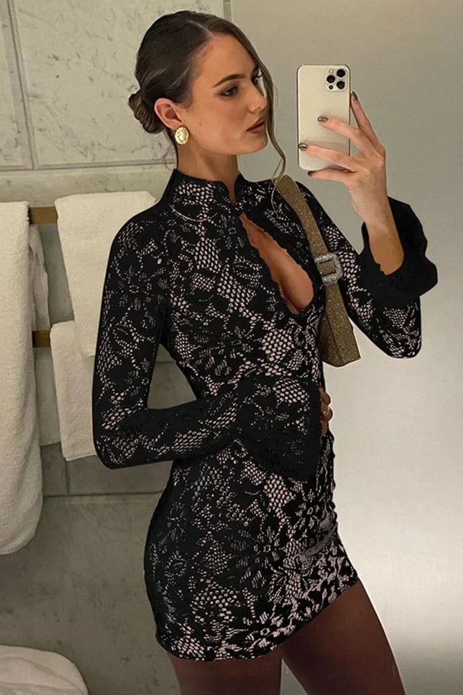 Lace Hollow Out High Waist Long Sleeve Mini Dress