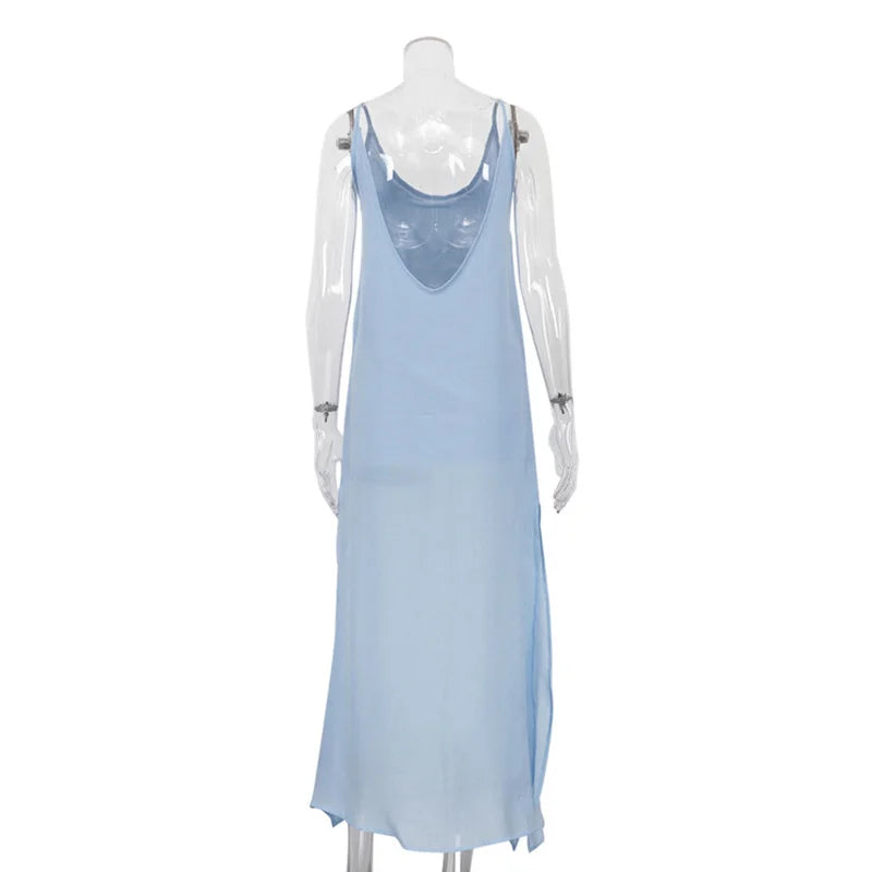 Spaghetti Strap O Neck Sleeveless Slit Maxi Dress