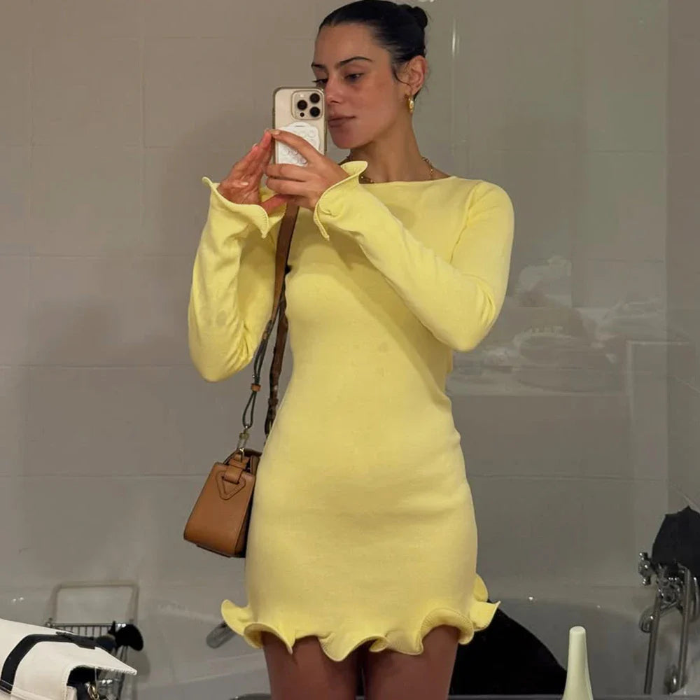 Knitted O-Neck Long Sleeve Slim Mini Dress